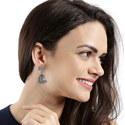 Image of Yellow Chimes Earrings for Women & Girls | Traditional Silver Oxidised Jhumka | German Silver Oxidized Drop Earring Set | Earrings Combo | Accessories Jewellery | Birthday & Anniversary Gift