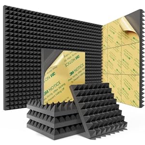 Sonicism 12 Pack Pyramid Sound Proof Foam Panels with Self-Adhesive, 12″ X 12″ X 2″ Acoustic Foam Panels of High Density, Soundproof Wall Panels Fast Expand, Sound Absorption and Decoration (Black)
