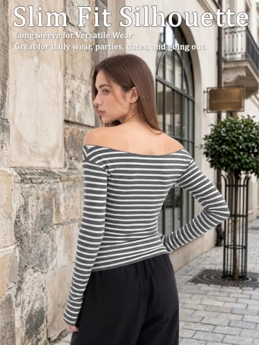 Image of Women Off Shoulder Striped Long Sleeve Top 2026 Fall Going Out Tee Shirts