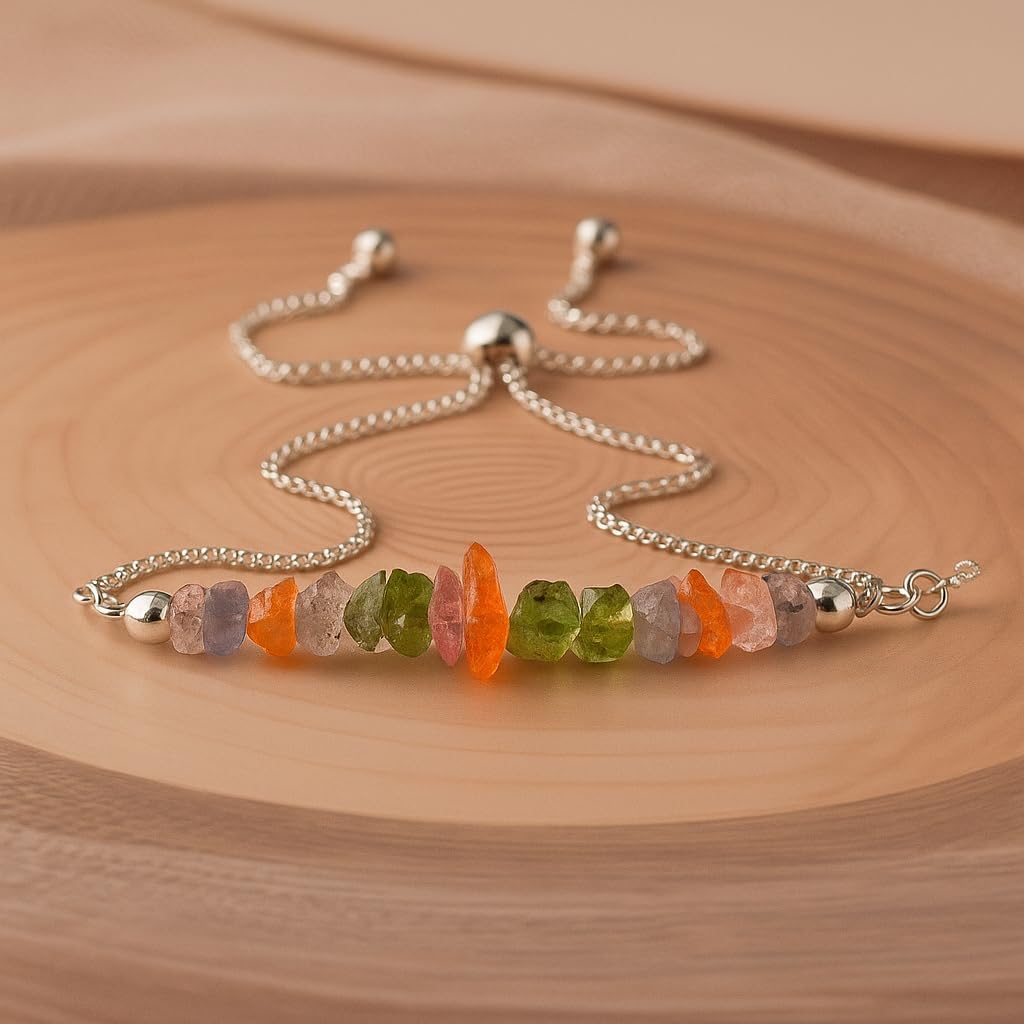 Natural Multi Sapphire Chip Bracelet – Adjustable Handmade Raw Gemstone Slider Bracelet for Women – Colorful Birthstone Jewelry (Multi Sapphire 6-9 mm) - Image 2