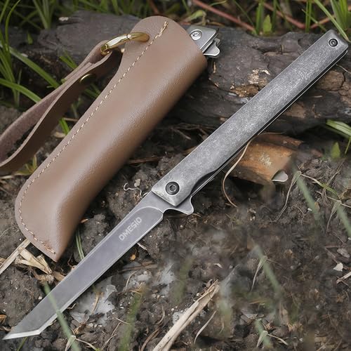 Omesio Tanto Folding Knife, Slim Gentleman's Knife with Liner Lock, Flipper Open for Camping and Survival, Stonewashed Handle, Clip and Sheath Included, Perfect Gifts for Men and Women