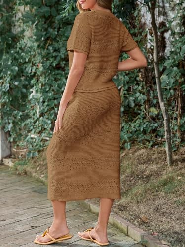 Tankaneo Womens Crochet Cover Up 2 Piece Skirt Sets Short Sleeve Knit Top Midi Skirt Vacation Travel Outfits4