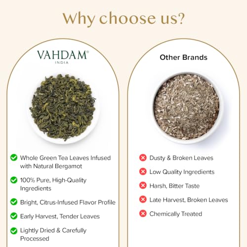 Image of VAHDAM, Earl Grey Citrus Green Tea Loose Leaf (50+ Cups, 3.5 oz) Loose Leaf Earl Grey Green Tea With Pure Bergamot Oil | High Elevation Grown | Vacuum Sealed for Freshness
