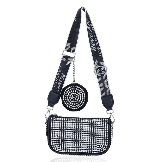 Image of Mini Allover Rhinestone Exotic Decor Bag with Detacheable Shoulder Strap Crossbody Broad Sling Belt with Coin Purse for Girls & Women