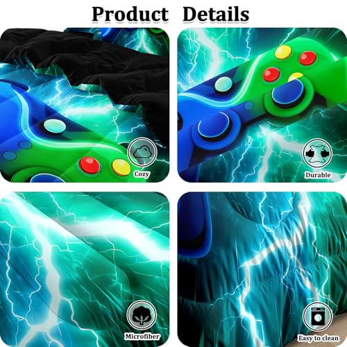 HICAND Gamer Full Bedding Sets for Boys Teen, 3 Pcs Full Size Gaming Comforter Set for Boys,Blue Green Lightnings Full Szie Bedding Set — view 6