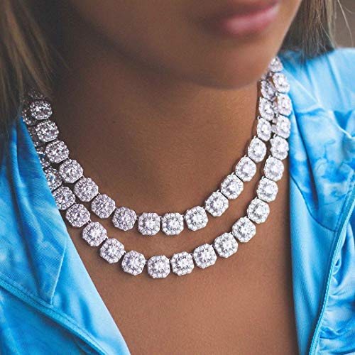 Jinao 18K Gold Plated Square Halo Necklace With Round Cut Cubic Zirconia Jumbo Lab Simulated Diamond Iced Out Chain (White Gold, 18) #TOP3