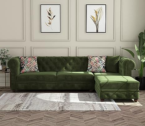 Image of Solid Wood Velvet Fabric L Shape Sofa Sofa for Living Room Button Tufted Sofa Chair for Home & Office (Left Aligned L-Shaped (Left Aligned L-Shaped Green)