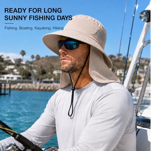 Image of Palmyth Fishing Hat with Detachable Neck Flap UPF 50+ Breathable Sun Hats | Sun Protection, Breathable Mesh, Water Resistant, Sweat Wicking, Snap Design, Adjustable Chin Strap & Size