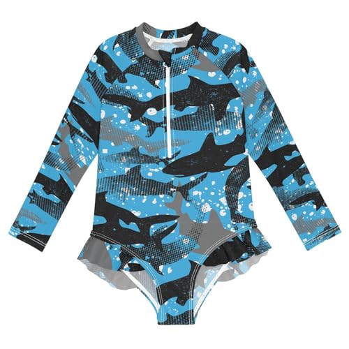 Ollabaky Baby Girls Long Sleeve Swimsuit Abstract Sharks Sea Animals One Piece Bathing Suit Rash Guard UPF50+ Toddler Girl Swimwear, 9-10T