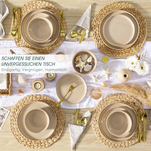 Geschirrset 6 Personen, vancasso PLAYA 18tlg Tafelservice 6 Personen Modern, Steingut Geschirrset, Beinhaltet Schüssel, Dessertteller und Speiseteller, Spülmaschinenfest, Braun