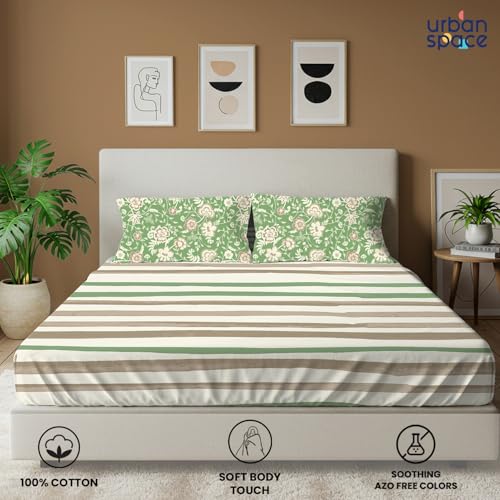 Image of Urban Space 144 TC Divine 100% Cotton Bedsheet for King Bed, Cotton Bedsheet with 2 Pillow Covers (Size 108 x 108 inches, Streak Sage Green, King Size)