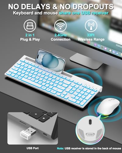 Image of Wireless Keyboard and Mouse Combo, 7 Backlit Effects, Light Up Letters, Rechargeable, Phone Holder, 6 Button Mouse, Ergonomic Tilt Angle, 2.4GHz Silent USB Keyboard Mouse for Laptop, PC