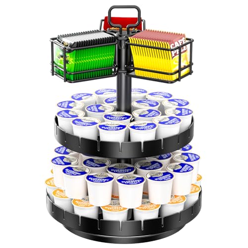 RCHYFEED K Cup Holder Carousel, Rotarable Coffee Pod Holder Compatible with 45 Nespresso Vertuoline Capsules or K cups and 45 Tea Bags,Coffee Bar Accessory for Kitchen or Countertop
