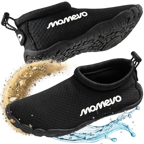 Momevo WaterMates - Ciabatte da bagno per uomo e donna, leggere, antiscivolo, con punta larga, ad asciugatura rapida, per spiaggia, piscina e mare, Nero , 43 EU Larga