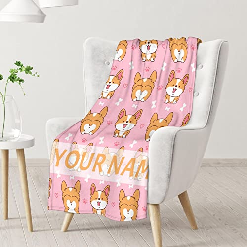 Personalized Corgi Blanket Gifts with Name - 30"x40" Cute Throw for Adults, Kids - Pink Soft Fuzzy Blankets for Couch & Office