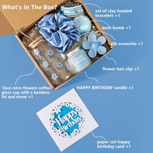 Image of JTEWB Birthday Gifts For Women, Teen Girl, Her, Happy Birthday Gift Box For Girl, Women, Sister, Daughter, Friends, Cute Daisy Aesthetic Glass Cups Gift Set 7pcs