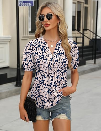 Image of IECCP Womens Tops Puff Short Sleeve Shirts Dressy Casual Henley V-Neck Summer Tops Pleated T-Shirts Loose Fit Tunic Blouses