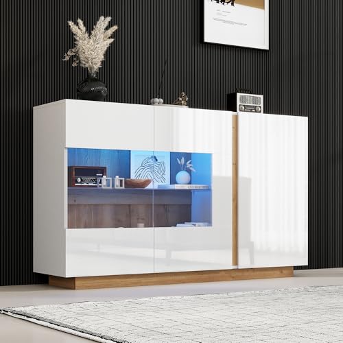 BTM Buffet de Salon avec LED, Armoire de Rangement avec 3 Portes, Buffet LED Moderne, Portes en...