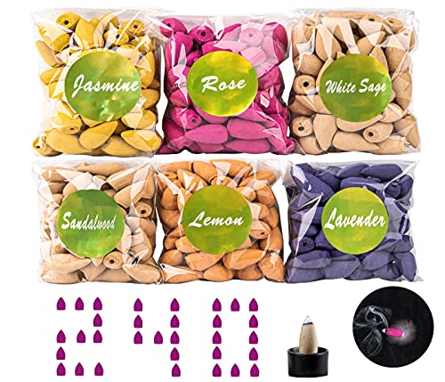 Incense Cones 240 Backflow Incense Cones 6 Mixed Fragrance Cone Incense Stronger Fragrance backflow Incense with Incense Holder,Fireproof Mat