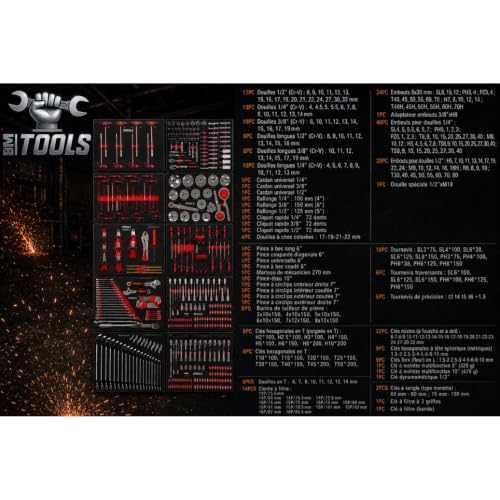 BM TOOLS Servante d'Atelier Garage Automobile Alpha-Pro - 9 Tiroirs - 311 Outils, 4 Roues, 2 Freins, Chariot Mecanicien - Orange – vue 8
