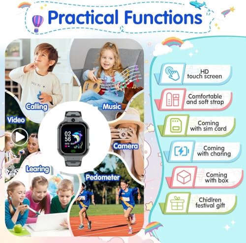 Image of Smart Watch for Kids with GPS Tracking, 2-Way Video & Voice Calling, Geofencing, and 4G SIM Compatible, SOS,Alarm, Games, HD Touch Screen Phone Watch Best Gift for Kids (Black)