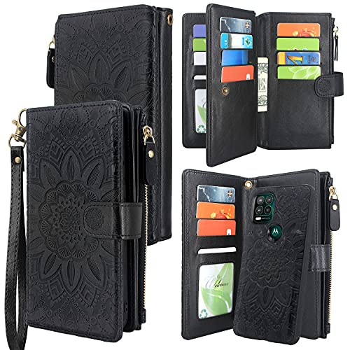 Harryshell Detachable Magnetic Zipper Wallet Leather Case with Cash Coin Pocket 12 Card Slots Holder Wrist Strap Lanyard for Motorola Moto G Stylus 5G (2021) Flower (Black)