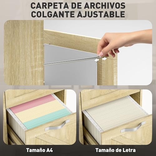 Vinsetto Cajonera de Oficina con 2 Cajones Cajonera con Ruedas Mueble Archivador Móvil con Cerradura y Carpetas Colgantes para Tamaño A4 41x42x56 cm Natural - imagen 4