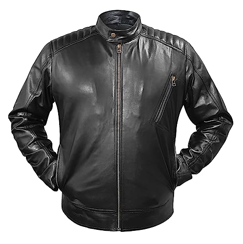 Image of Men's Classic Biker Leather Jacket - Motorcycle Quilted Leather Jacket Mens - Lambskin Racer Black Biker Jacket (as1, alpha, x l, regular, regular)