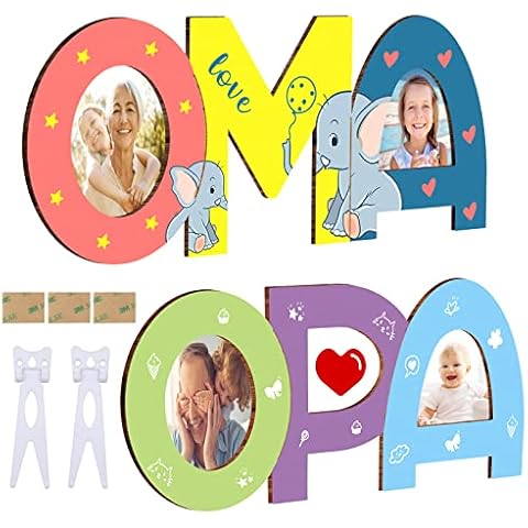Grandpa Grandma Gift Grandson, 2 Piece Craft Set Wooden with Stand Aid, Small Gifts for Grandpa and Grandma, Paint Wooden Names and Stick Photos for Grandpa and Grandma Cover