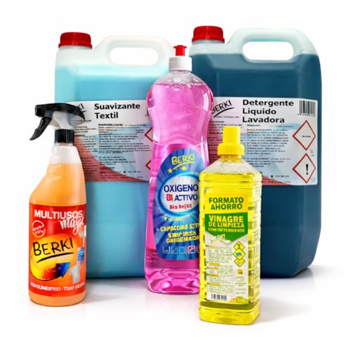 Pack Ahorro Limpieza Hogar BERKI – Detergente Lavadora 5L + Suavizante 5L + Oxígeno Activo + Vinagre de Limpieza + Multiusos – Kit Completo Profesional