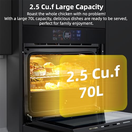 24" Built-in Electric Wall Oven, 2.5Cu.ft Capacity 3000W Single Wall Oven with Large View Window, Steam &Grill Oven 2 in1,8 Cooking Functions, 3D Surround Heating, Colorful LED Screen, Black