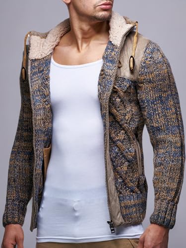 Leif Nelson LN20525 Men's Knit Zip-up Jacket with Geometric Patterns and Leather Accents, Size US XXL, Brown4