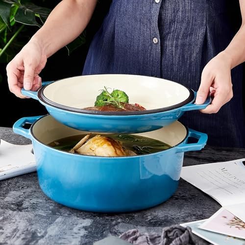 Bruntmor 2-in-1 Enamel Cast Iron Dutch Oven With Handles - Crock Pot Blue Cast Iron pot with Skillet lid - All-in-One Cookware Braising Pan for Casserole Dish - 7 Quart, Blue - Thumbnail 3