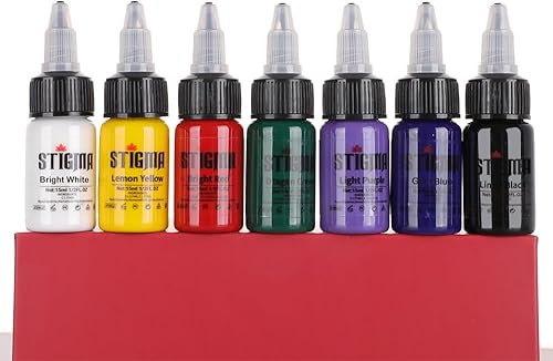 STIGMA Juego de tinta de tatuaje profesional de 7 colores con 0.5 fl oz 1/2 oz por botella de tinta de tatuaje para artistas de tatuaje y