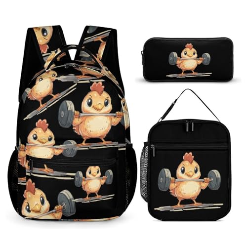 Weightlifting Chicken Travel Backpack Lunch Box Pencil Case 3Pcs Set for Men Women Office Outing University