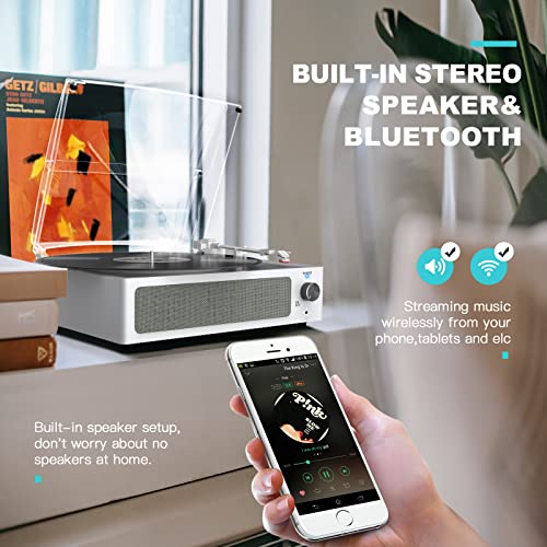 Image of Vinyl Record Player with Speakers Vintage Turntable for Vinyls Records, Belt-Driven Turntable Support 3-Speed, Wireless Playback, Headphone, AUX-in, RCA Line LP Vinyl Players for Sound Enjoyment White