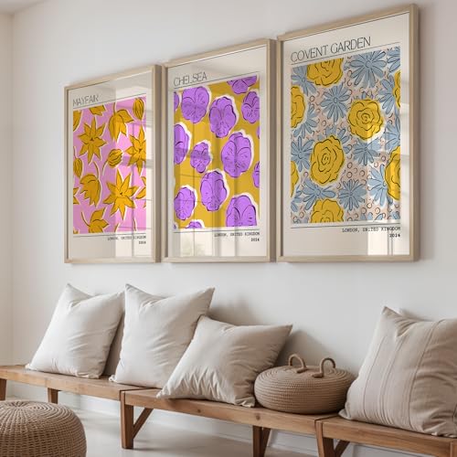 Image of NoWorries Trendy Abstract Floral Art Wall Frames | Modern Botanical Prints Inspired by London Paintings 300 GSM Premium Prints | Synthetic Wooden Stylish Frame Wall Decor for Bedroom, Living Room, Cafe & Office (Set of-3) (NATURAL, ART-1, 10X13INCHES)