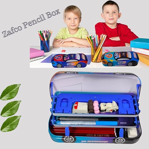 Image of ZAFCO Metal Pencil Box for Boys | Compass for Kids | Pen Box for Students | Geometry for School | Car Theme | Birthday Return Gift 1 Unit (Blue)