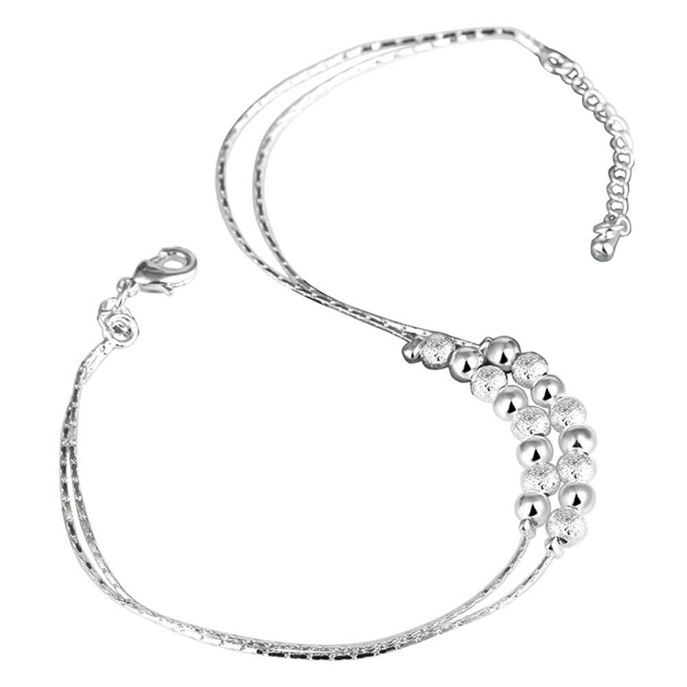 Runsmooth 925 Sterling Silver Women's Ankle Bracelet, Charm Anklet Adjustable Layered Transfer Beads Beach Jewelry for Girls 25cm