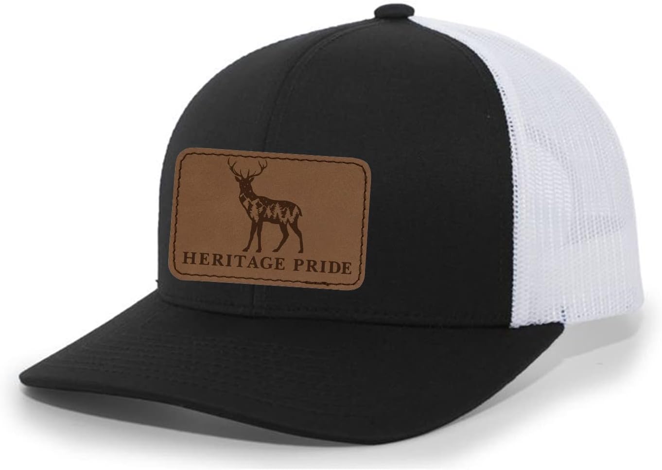 Heritage Pride Scenic Deer Engraved Leather Patch Mens Trucker Hat Baseball Cap