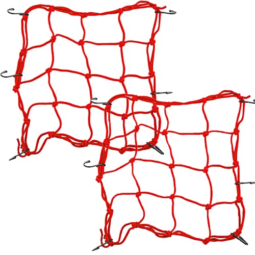 2 Pack of 15 x 15 (40x40cm) Motorbike Cargo Net with 6 Adjustable Hooks, Helmet Motorcycle Elastic Stretch Rope Cargo Net Luggage Net Elastic Rope Net Storage Tie Down (Red)