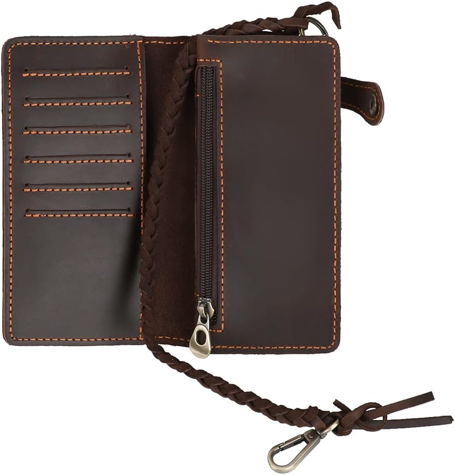 Men's genuine leather folding chain wallet, retro wallet (Coffee) - Image 3