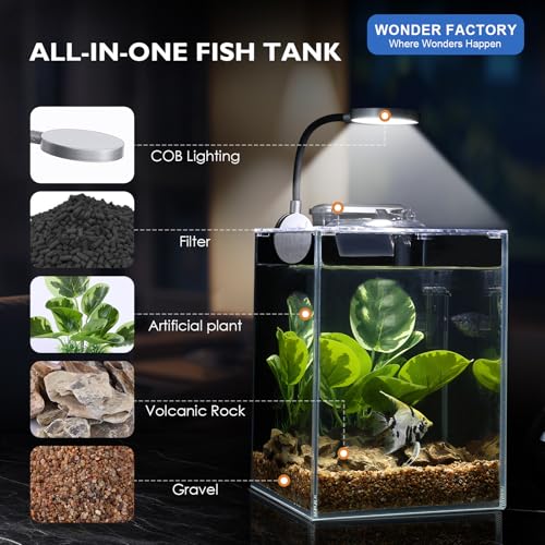 Image of Desktop Betta Small Aquarium Glass Fish Tank 1.25 Gallons Complete Set, Self Cleaning Filter System Bright LED Light Gravel Plant Cleaning Tool, Starter Kit Small Space Easy Setup Space-Saving Design