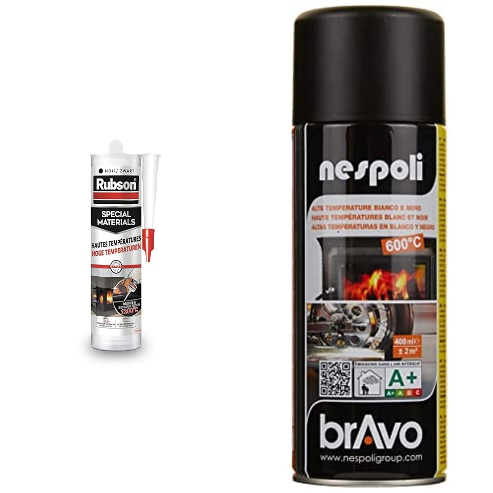 Mastic Rubson et spray Nespoli pour réparer les fissures de cheminée et peindre en noir