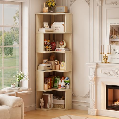Cvvovilx 5-stöckiges Bücherregal in L-Form Massivholz-Eckregal mit Schutzleisten Offenes Präsentationsregal-vielseitige Aufbewahrung für Home Office Wohnzimmer Schlafzimmer