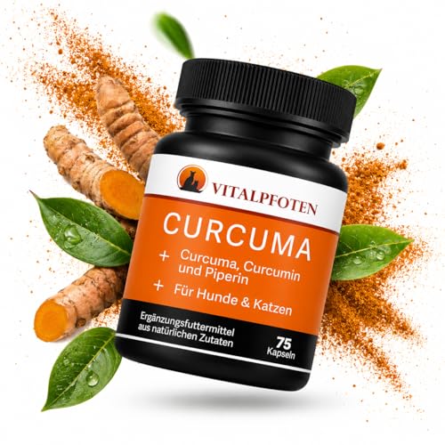 Vitalpfoten 75 Curcuma Kapseln für Hunde und Katzen mit Curcumin und Piperin, Ergänzungsfuttermittel sanfte Dosierung, Herstellung in Deutschland, höchste Reinheit und Qualität