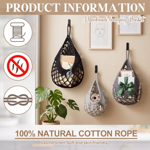 Image of Honeydak 3 Hanging Baskets, Grey, White, Dark Grey, Crochet, Cotton Rope