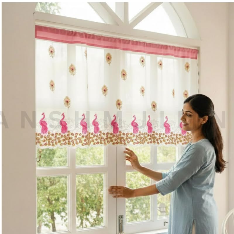 Image of Short Window Curtain for Kitchen, Living Room, Cafe, Restaurant & Home Decor | Elegant Half Window Valance | Length - 24 Inch, Width - 42 Inch (Pink Peacock, Small)