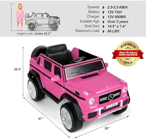Ride On Cars, Licensed Mercedes-Benz Maybach G650S, 12V7AH Battery Powered Toy Electric Car for Kids W/LED Underglow Lights,Remote Control, 2 Motors, 3 Speeds, Music, Bluetooth,Horn, Rose Pink — view 7