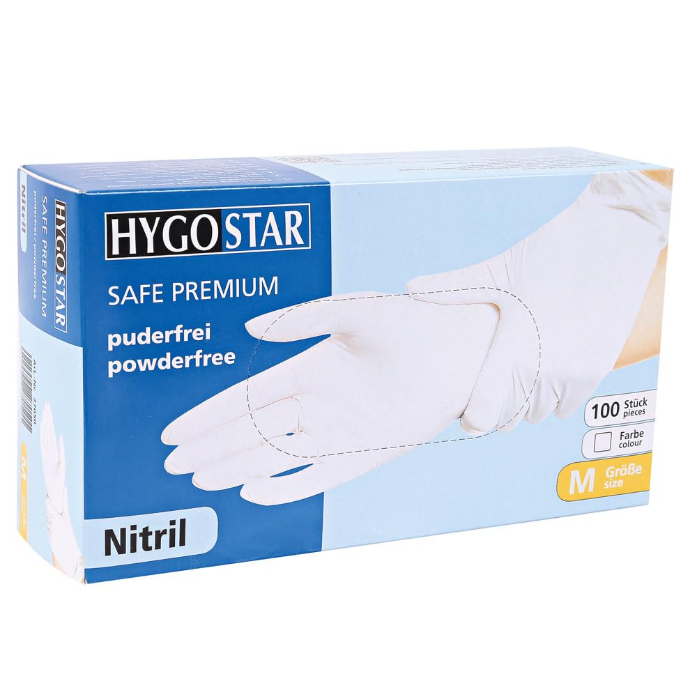FRANZ MENSCH 1000 Stück Hygostar Nitrilhandschuhe Safe Premium | puderfrei, Karton, weiß, 9/L, L: 24cm, Spenderbox, Einmalhandschuhe, Einweghandschuhe, Nitrilhandschuhe